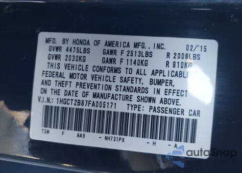 2015 Honda Accord Ex-L V-6 from USA, damaged, VIN 1HGCT2B87FA005171